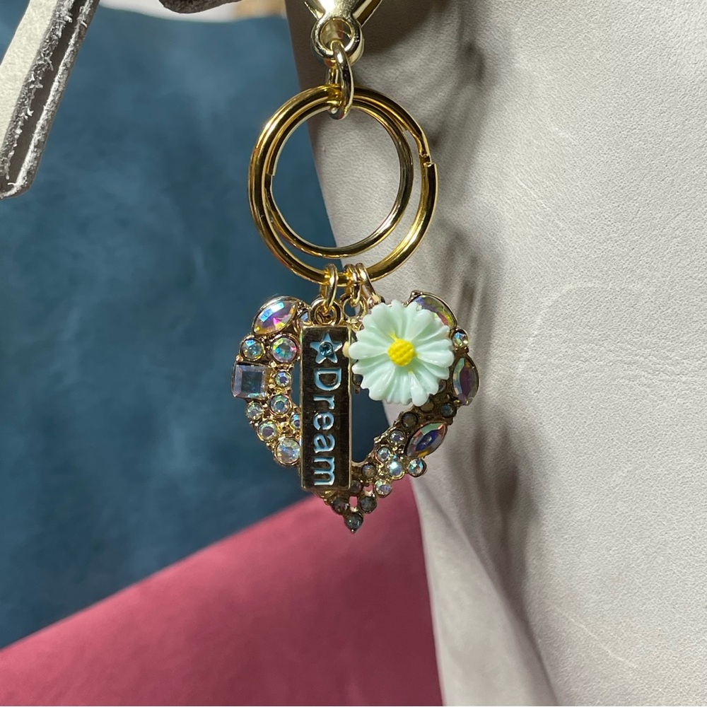 NEW “Dream” Heart Minty Flower Bag Charm Keychain, Portland Leather Compatible!